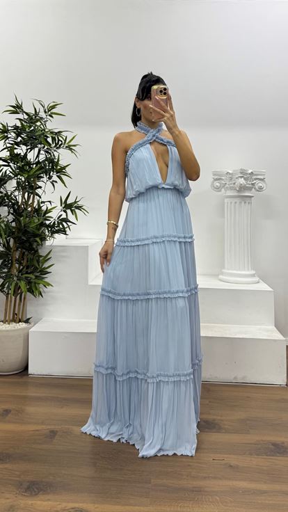 Bebe Mavi Halter Yaka Fırfırlı Özel Tasarım Abiye Elbise